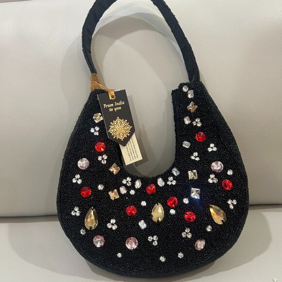 From India to You Beaded Black Beaded Bag with Colorful Rhinestones Jewels NWT - Picture 1 of 4